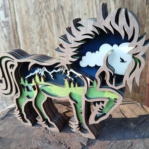 Wooden Horse Lazercut Mulit-layer Sculpture Decor Wall Hanging Scenic Montana